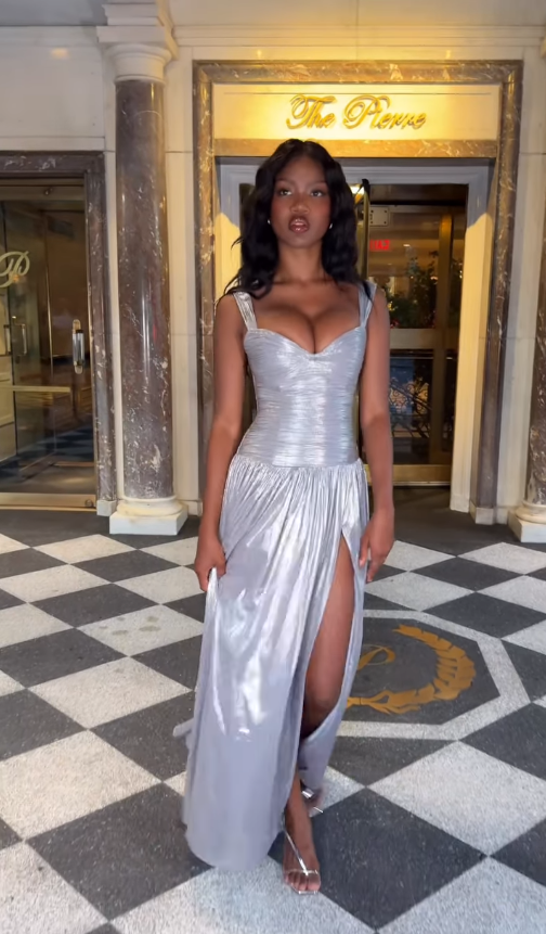 Silver A Line Straps Pleated Satin Prom Dress Evening Dress with Slit DP4405