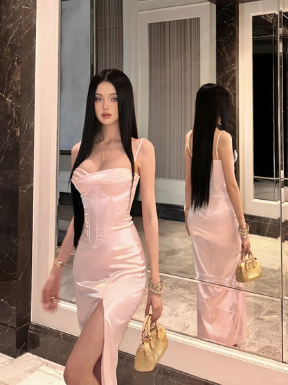 Elegant Pink Sheath Spaghetti Straps Corset Satin Prom Dress Outfits DP4549