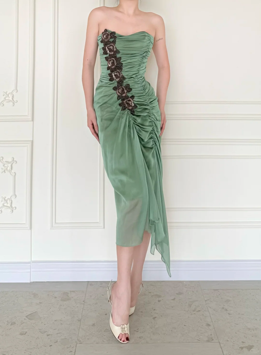 Vintage Sage Green Exquisite Beaded Pleated Satin Tea Length Prom Dress DP5164