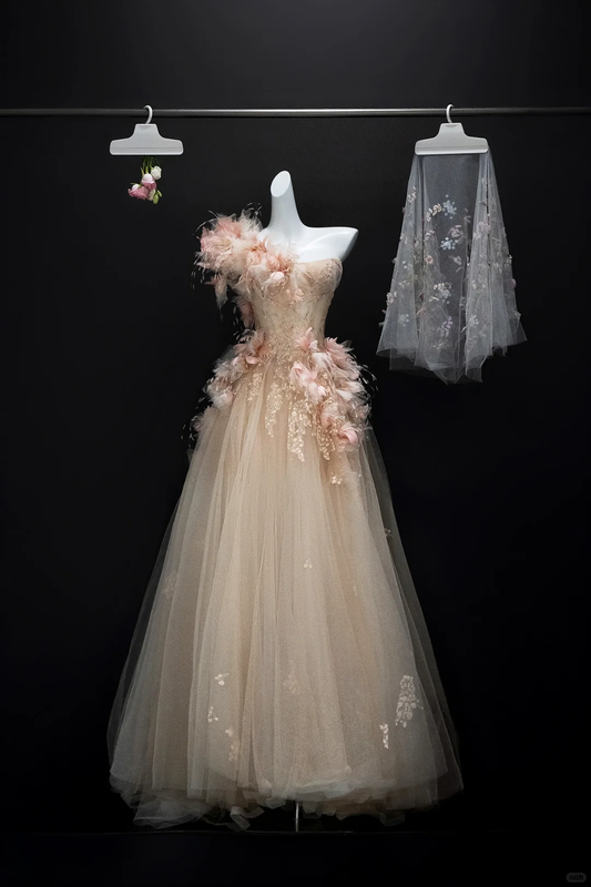 3D Floral Ball Gown Strapless Appliques Tulle Long Prom Dress Formal Dress DP3243