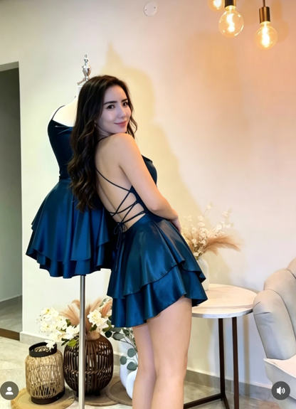 Navy Blue A Line Halter Satin Short Homecoming Dress Cocktail Dress DP2661