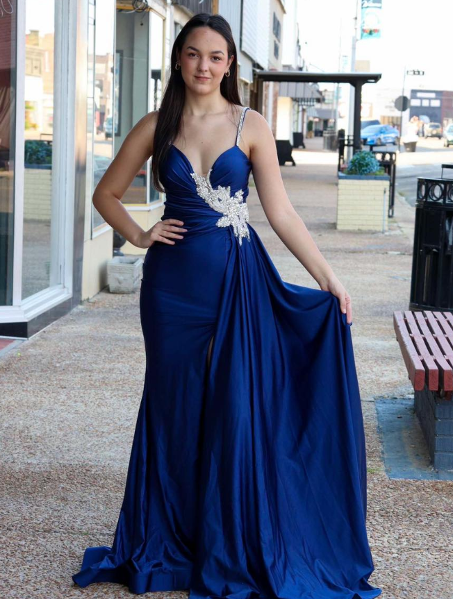 Navy Blue A Line Spaghetti Strap Beaded Satin Prom Dress Evening Dress DP6593