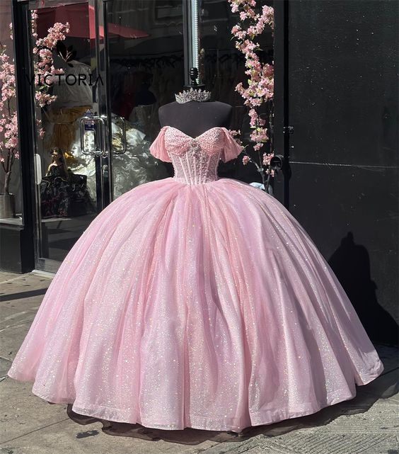 glitter pink dress gown Glitter Off The Shoulder Pink Ball Gown Quinceanera Dresses Pink / 16