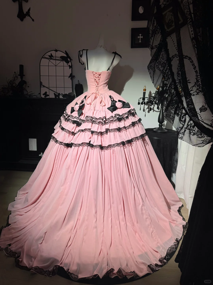 Cute Ball Gown Spaghetti Strap Black Bow Pink Satin Prom Dress Quinceanera Dress DP6955