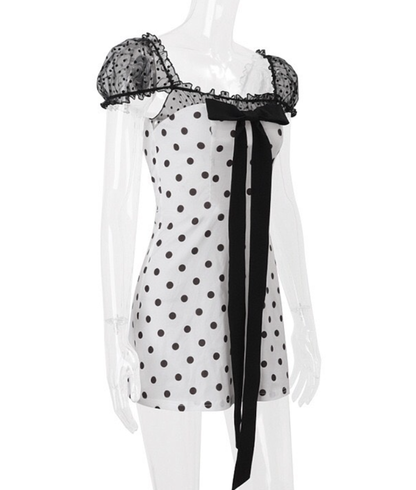 Cute A Line Puff Black Lace Polka Dot Satin Short Homecoming Dress Outfits DP4024