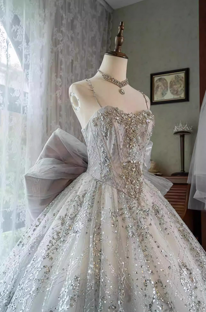 Silver Ball Gown Spaghetti Straps Beaded Sequin Tulle Lolita Goth Boning Dress Prom Dress DP4507