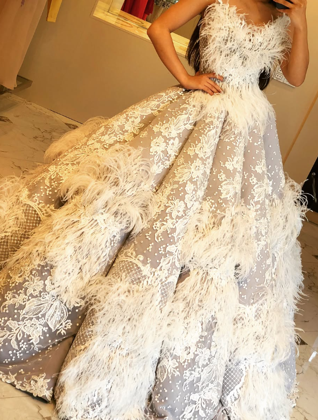 Stunning Ball Gown Strapless White Lace Feather Tulle Long Prom Dress Evening Dress DP6067