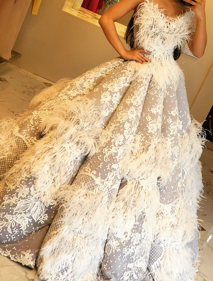 Stunning Ball Gown Strapless White Lace Feather Tulle Long Prom Dress Evening Dress DP6067