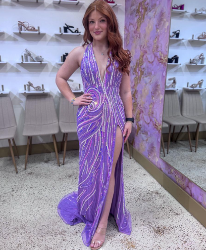 Shiny Purple Sequin Sheath Halter Slit Prom Dress Party Evening Dress DP6289