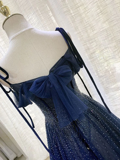 Charming Navy Blue Tulle Beaded Long Prom Dress Evening Dress Ball Gown Quinceanera Dress DP057