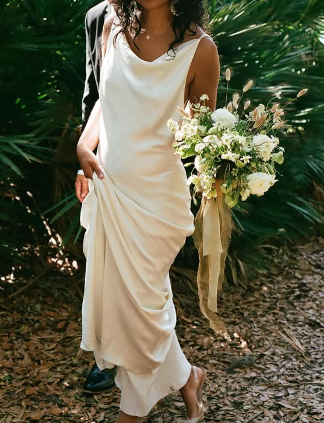 Open Back Sexy Sheath Round Neck White Satin Long Wedding Dress DP4303