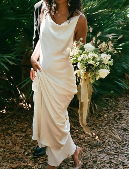 Open Back Sexy Sheath Round Neck White Satin Long Wedding Dress DP4303