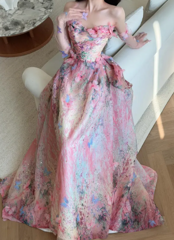 Sweety Pink Ball Gown Print Floral Chiffon Prom Dress Quinceanera Dress DP6614