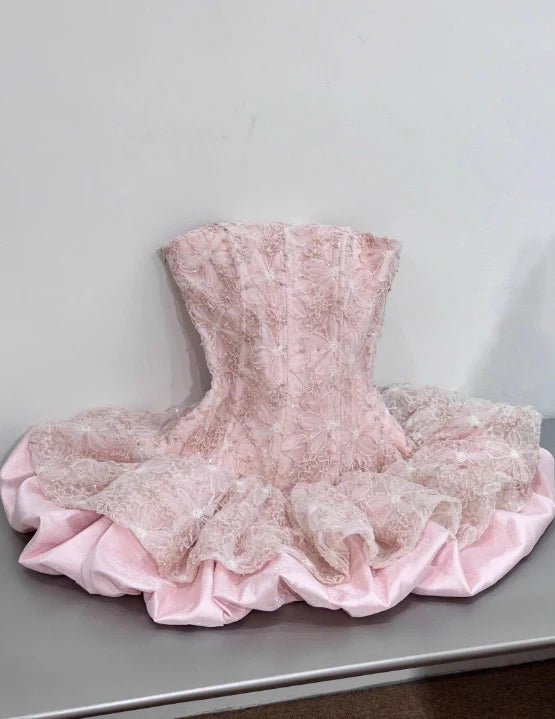 New Arrival Pink A Line Strapless Lace Satin Homecoming Dress Cocktail Dress DP7561