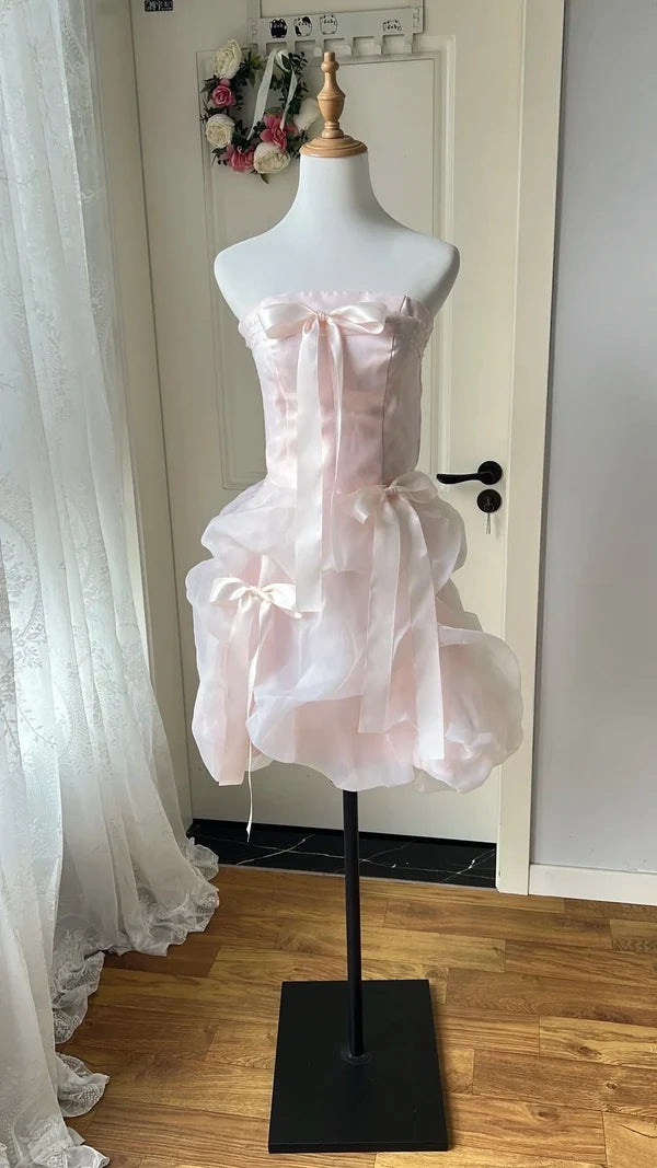 Light Pink A Line Strapless Ruffle Organza Homecoming Dress Birthday Party Dress DP7557