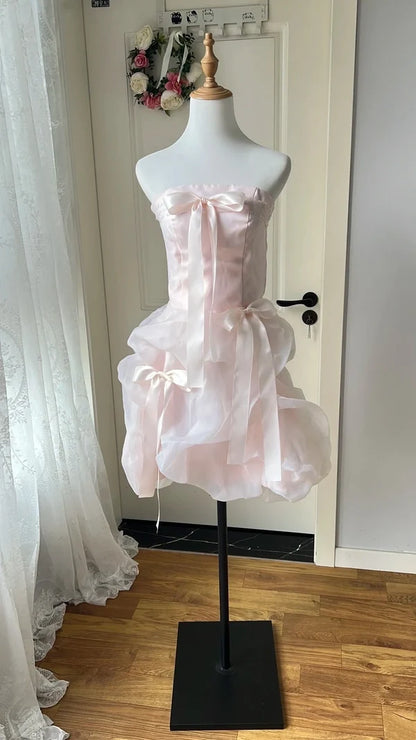 Light Pink A Line Strapless Ruffle Organza Homecoming Dress Birthday Party Dress DP7557