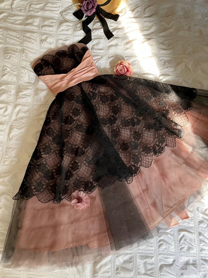 New Arrival A Line Strapless Black Lace Tulle Homecoming Dress Cocktail Dress DP7558