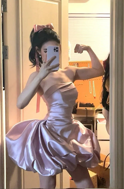 Sweety Pink A Line Strapless Satin Homecoming Dress Cocktail Dress DP7560