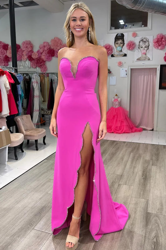Mermaid Strapless Beaded Satin Long Prom Dress with Slit DP994
