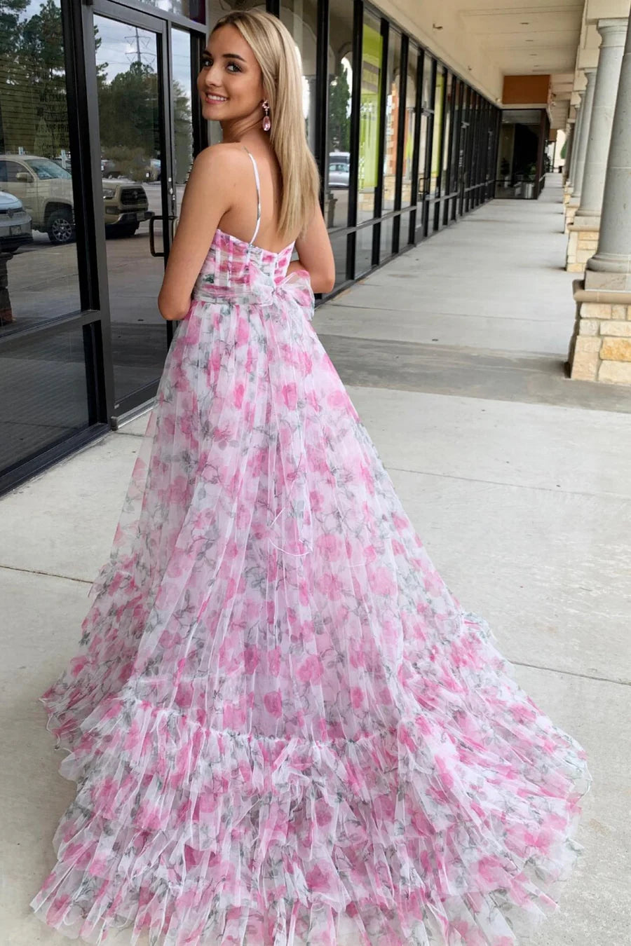 Pink A Line Halter Print Flower Tulle Long Prom Dress Evening Dress DP1127