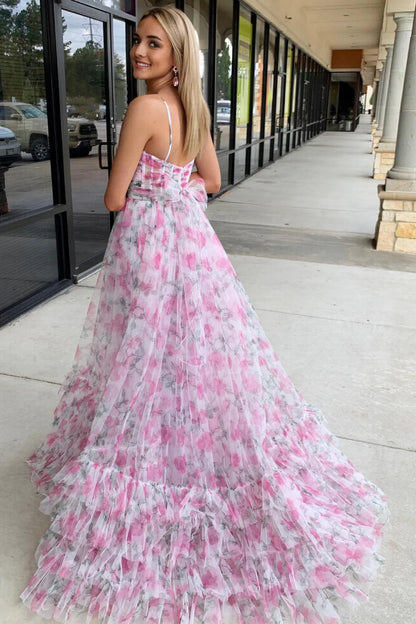 Pink A Line Halter Print Flower Tulle Long Prom Dress Evening Dress DP1127