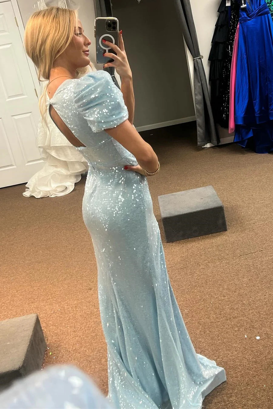 Light Blue Sequin Puff Sleeve V-Neck Mermaid Evening Dress with Slit DP990