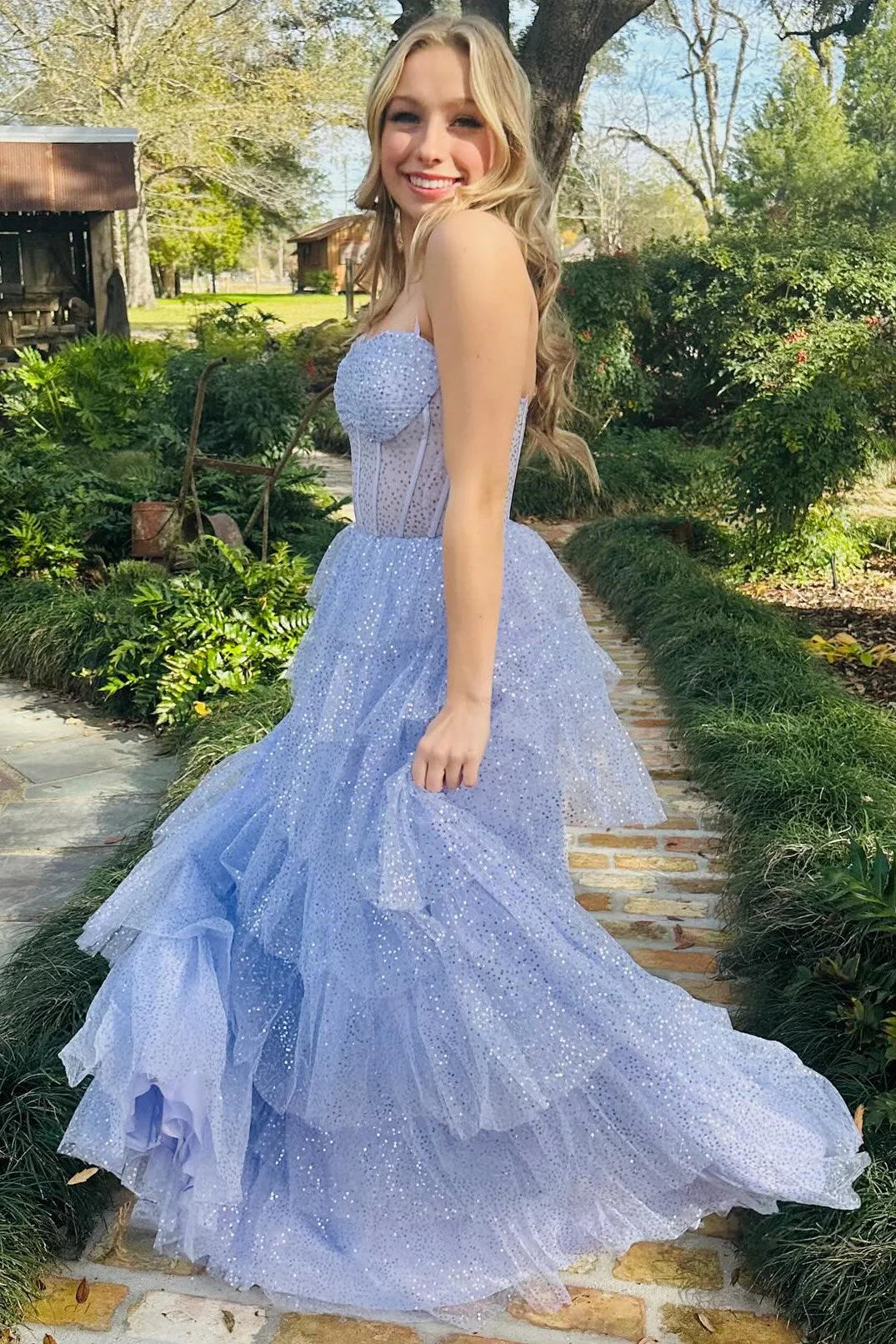 Lavender Tulle Sequin Ruffle Tiered Long Prom Dress Evening Dress DP1084