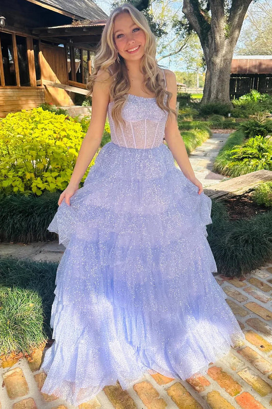 Lavender Tulle Sequin Ruffle Tiered Long Prom Dress Evening Dress DP1084