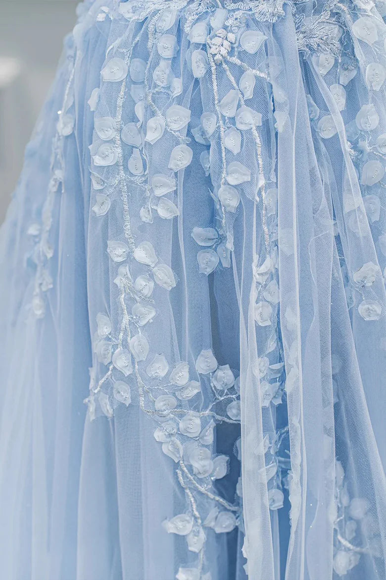 Light Blue A Line Strapless Appliques Tulle Prom Dress Evening Dress DP1119