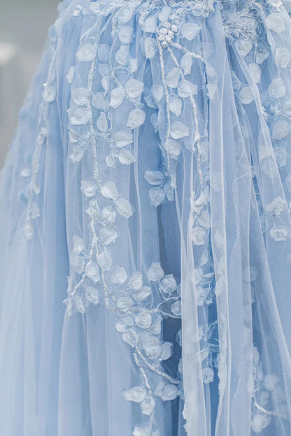 Light Blue A Line Strapless Appliques Tulle Prom Dress Evening Dress DP1119