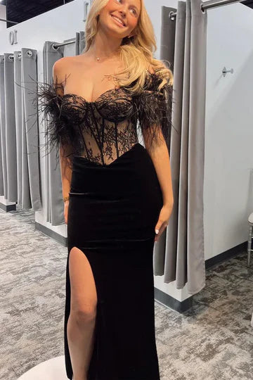 Black Mermaid Off the Shoulder Feathers Velvet Long Formal Prom Dress with Slit DP1111