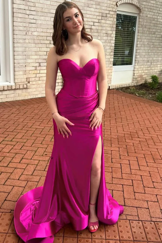 Simple Mermaid Sweetheart Neck Satin Prom Dress with Slit DP1154