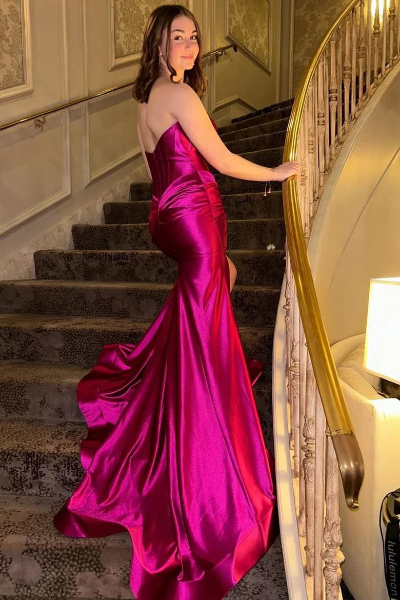 Simple Mermaid Sweetheart Neck Satin Prom Dress with Slit DP1154