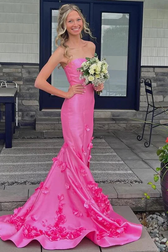 Pink Mermaid Strapless Appliques Satin Long Formal Prom Dress DP1114