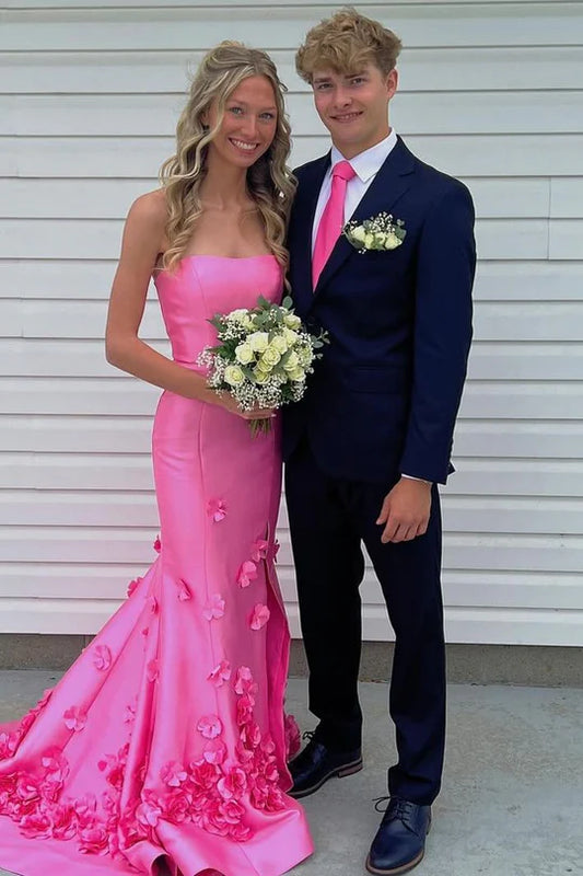 Pink Mermaid Strapless Appliques Satin Long Formal Prom Dress DP1114