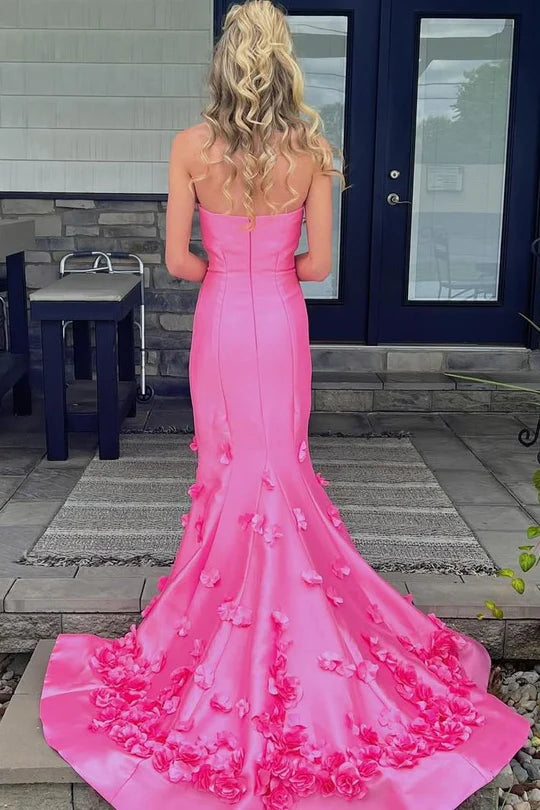 Pink Mermaid Strapless Appliques Satin Long Formal Prom Dress DP1114