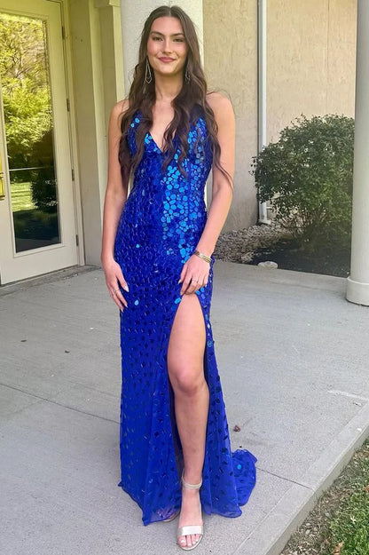 Spaghetti Straps Mirror-Cut Mermaid Long Prom Dress with Slit DP1174