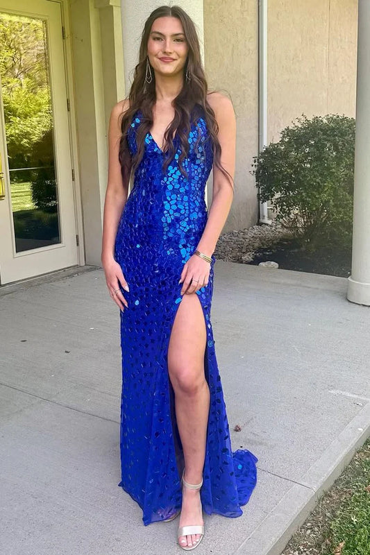 Spaghetti Straps Mirror-Cut Mermaid Long Prom Dress with Slit DP1174