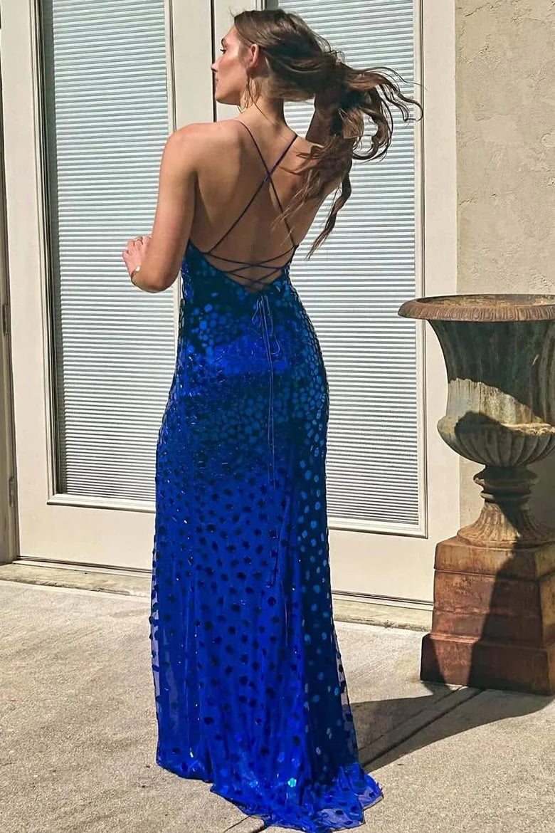 Spaghetti Straps Mirror-Cut Mermaid Long Prom Dress with Slit DP1174