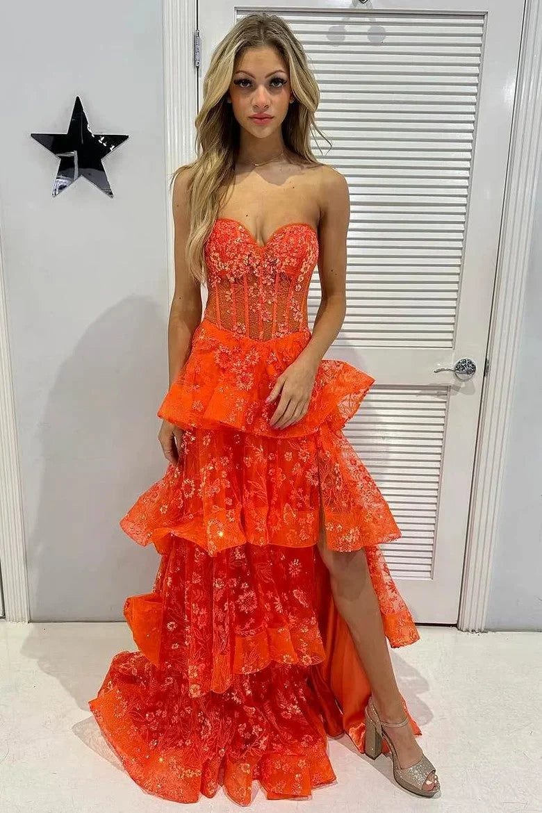 Orange A Line Sweetheart Neck Appliques Layered Tulle Evening Dress Prom Dress DP7653