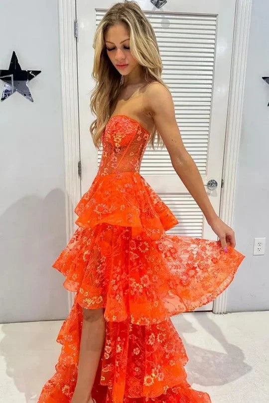 Orange A Line Sweetheart Neck Appliques Layered Tulle Evening Dress Prom Dress DP7653