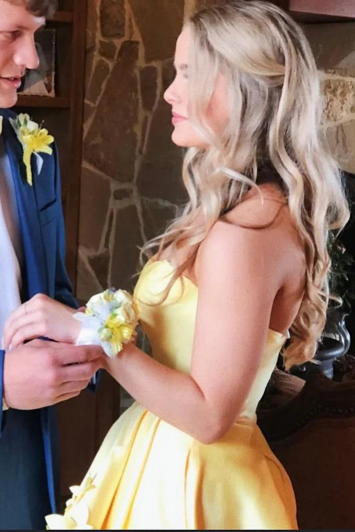 Cute A Line Sweetheart Neck Flower Yellow Satin Long Party Dress Wedding Guest Dress DP2401