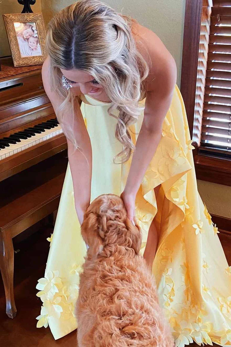Cute A Line Sweetheart Neck Flower Yellow Satin Long Party Dress Wedding Guest Dress DP2401