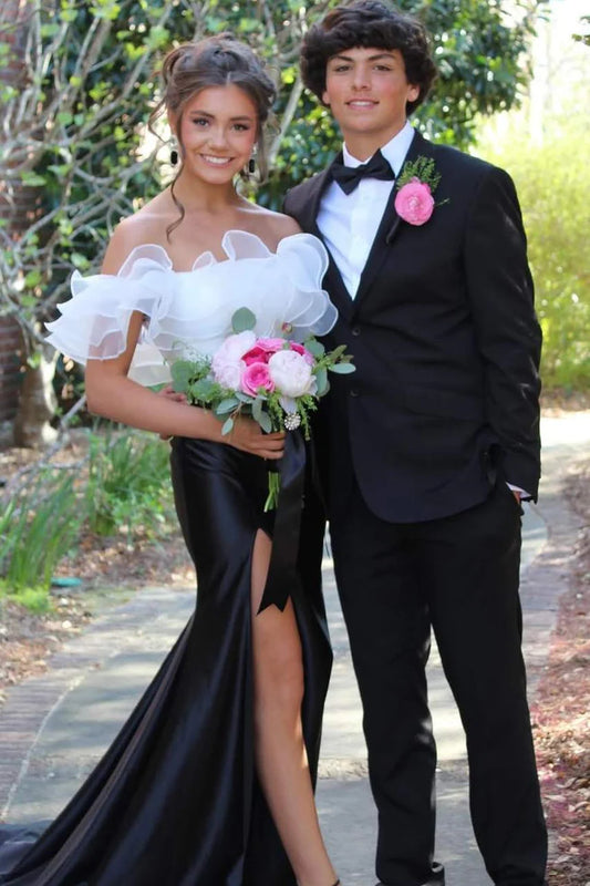 Elegant Mermaid Off the Shoulder White Organza Black Satin Long Party Dress Wedding Guest Dress DP2400