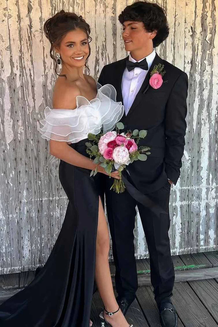 Elegant Mermaid Off the Shoulder White Organza Black Satin Long Party Dress Wedding Guest Dress DP2400