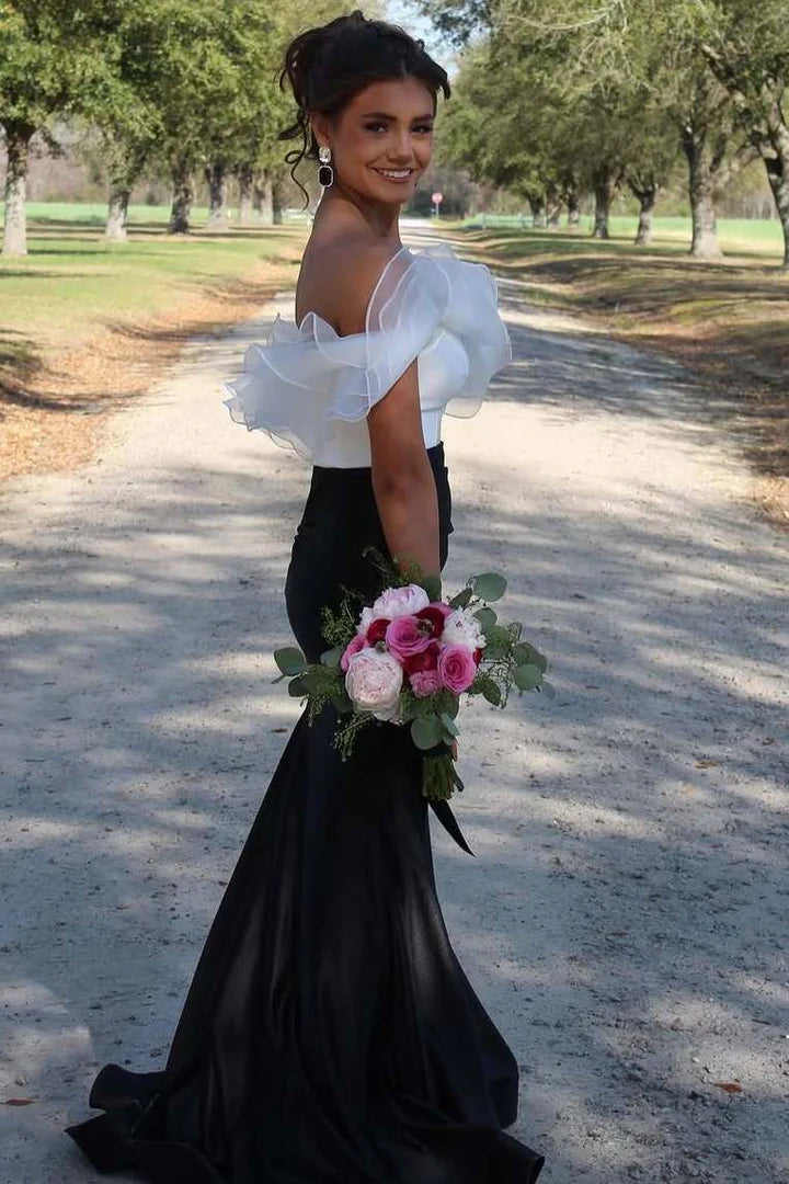 Elegant Mermaid Off the Shoulder White Organza Black Satin Long Party Dress Wedding Guest Dress DP2400