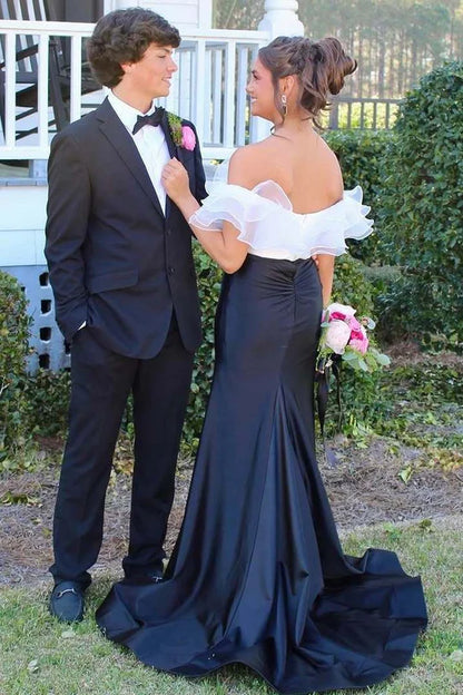 Elegant Mermaid Off the Shoulder White Organza Black Satin Long Party Dress Wedding Guest Dress DP2400