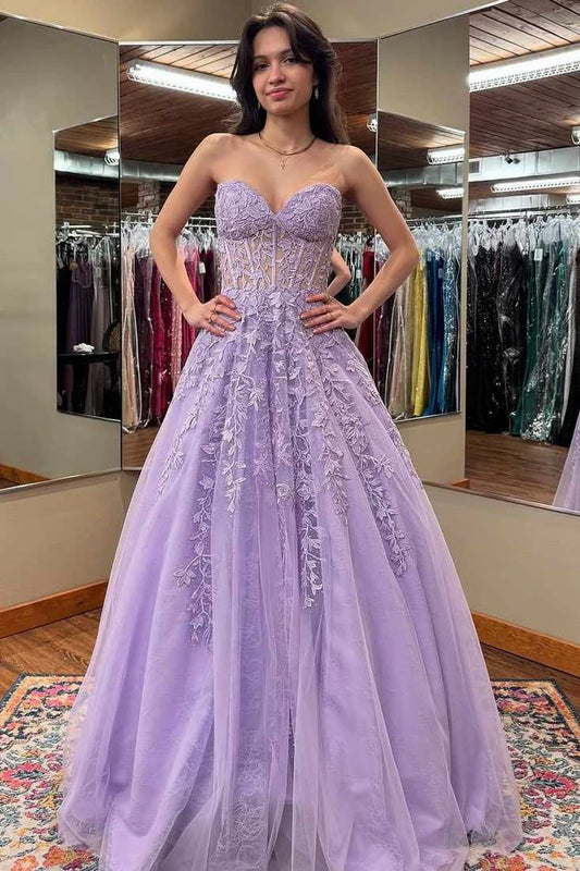 Gentle A Line Strapless Lilac Lace Tulle Long Party Dress Wedding Guest Dress DP2399
