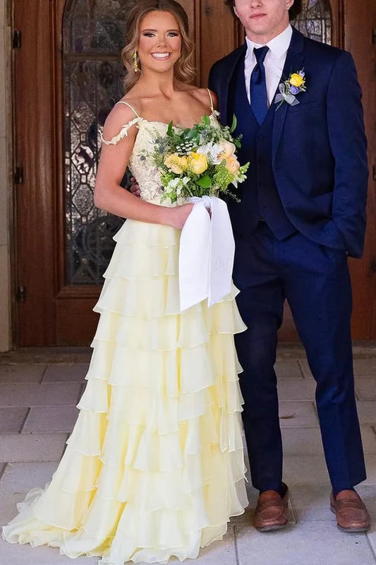 Gentle A Line Spaghetti Strap Yellow Lace Chiffon Long Party Dress Wedding Guest Dress DP2398