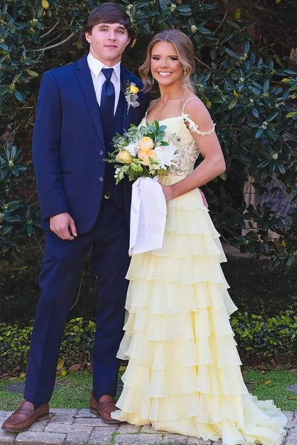 Gentle A Line Spaghetti Strap Yellow Lace Chiffon Long Party Dress Wedding Guest Dress DP2398